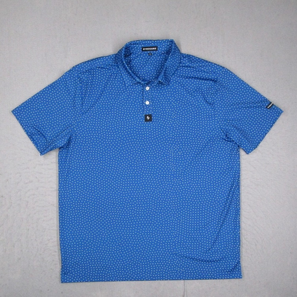 Byrdgang Mens XL Blue Polka Dot Performance Golf Polo Shirt Short Sleeve Stretch